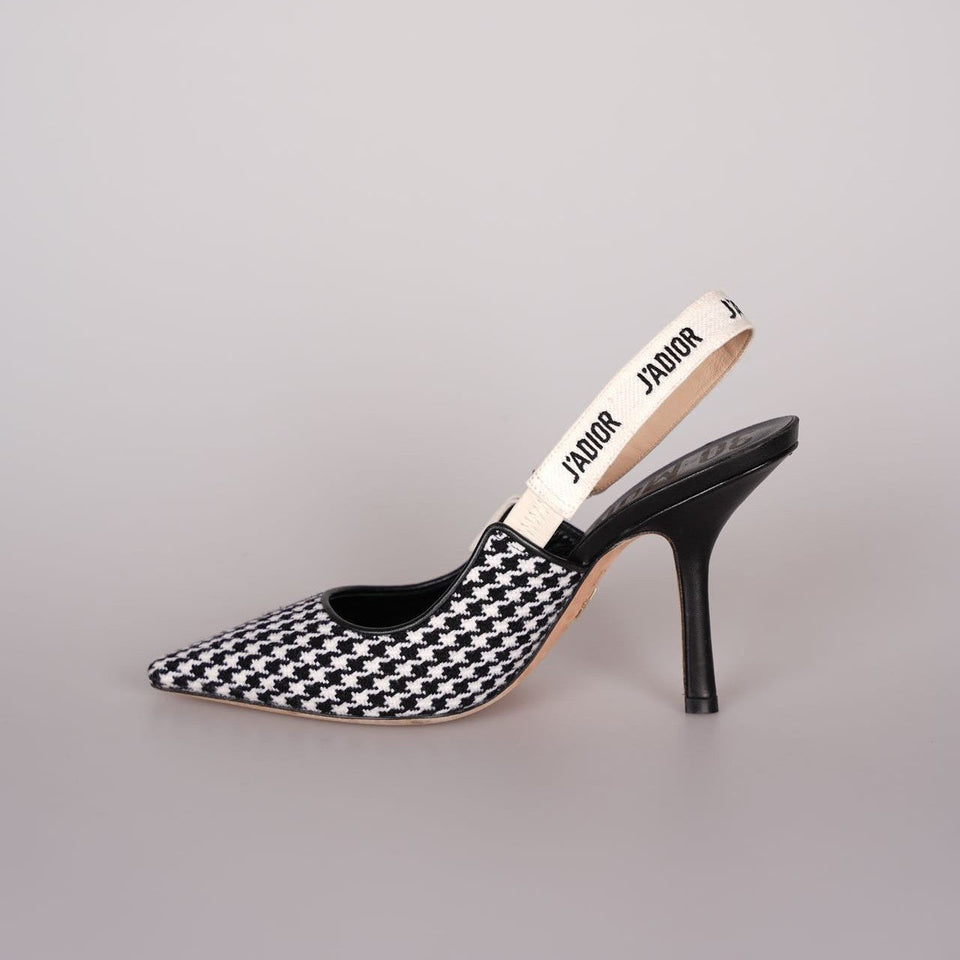 Christian Dior Wool Ribbon Houndstooth J'ADior Slingback 8cm Pumps 38D Black White