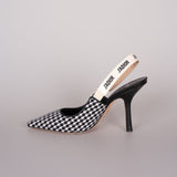 Christian Dior Wool Ribbon Houndstooth J'ADior Slingback 8cm Pumps 38D Black White
