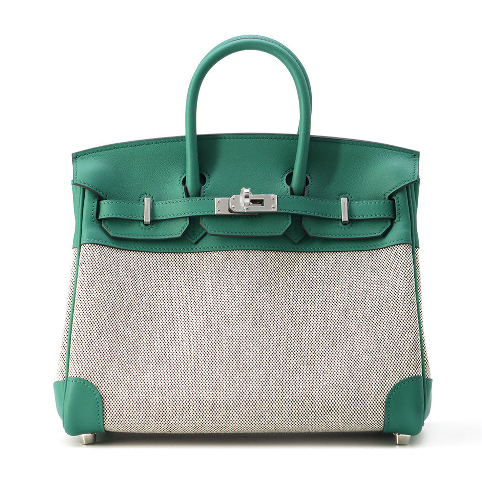 Hermes Birkin Ecru/ Vert Vertigo Toile H Swift Leather Size 25