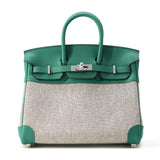 Hermes Birkin Ecru/ Vert Vertigo Toile H Swift Leather Size 25