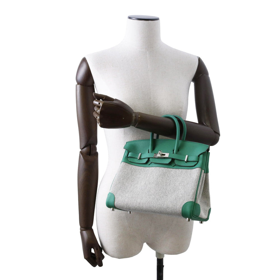 Hermes Birkin Ecru/ Vert Vertigo Toile H Swift Leather Size 25
