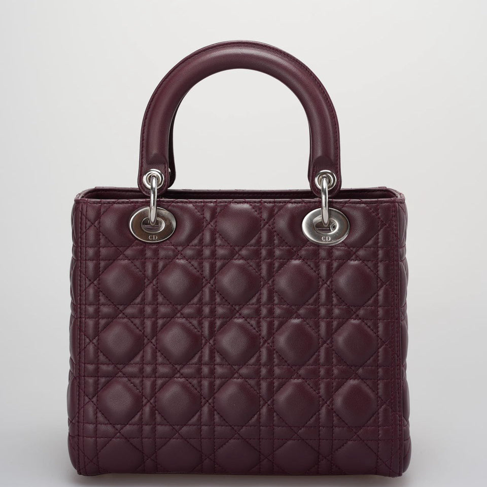 Christian Dior Burgundy Lady Dior Bag in Cannage Lambskin Leather with Silver Hardware Medium LP