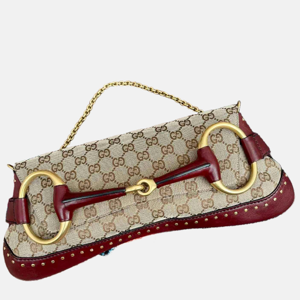 Gucci Horsebit 1955 Large Cloth Beige Monogram Burgundy Leather Shoulder bag