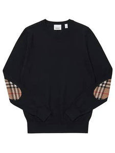 Luxury Burberry Check Patch Merino Wool Knit Top Black