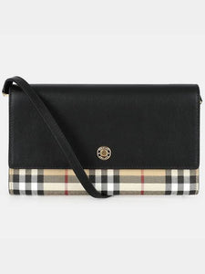 Luxury Burberry Detachable Strap Checked Leather Wallet Cross Bag Black