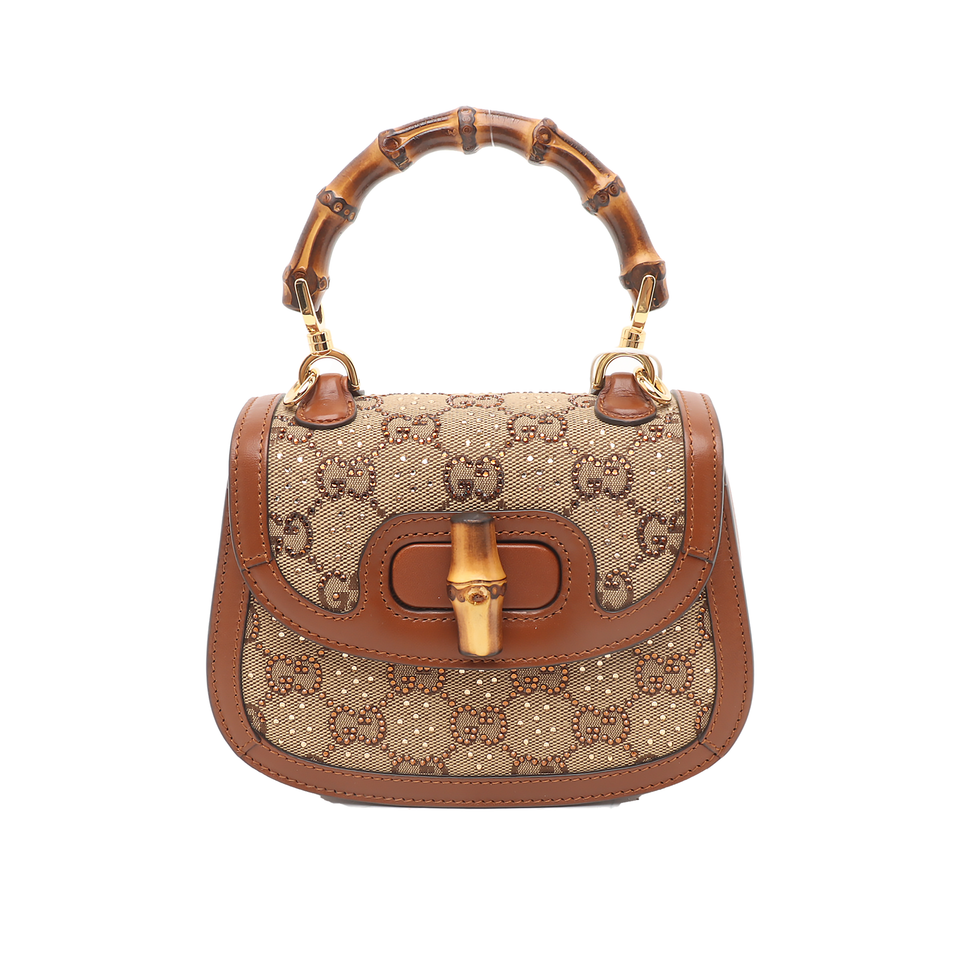 Gucci Bamboo 1947 Mini Brown Leather and Canvas with Glitter Crossbody Bag