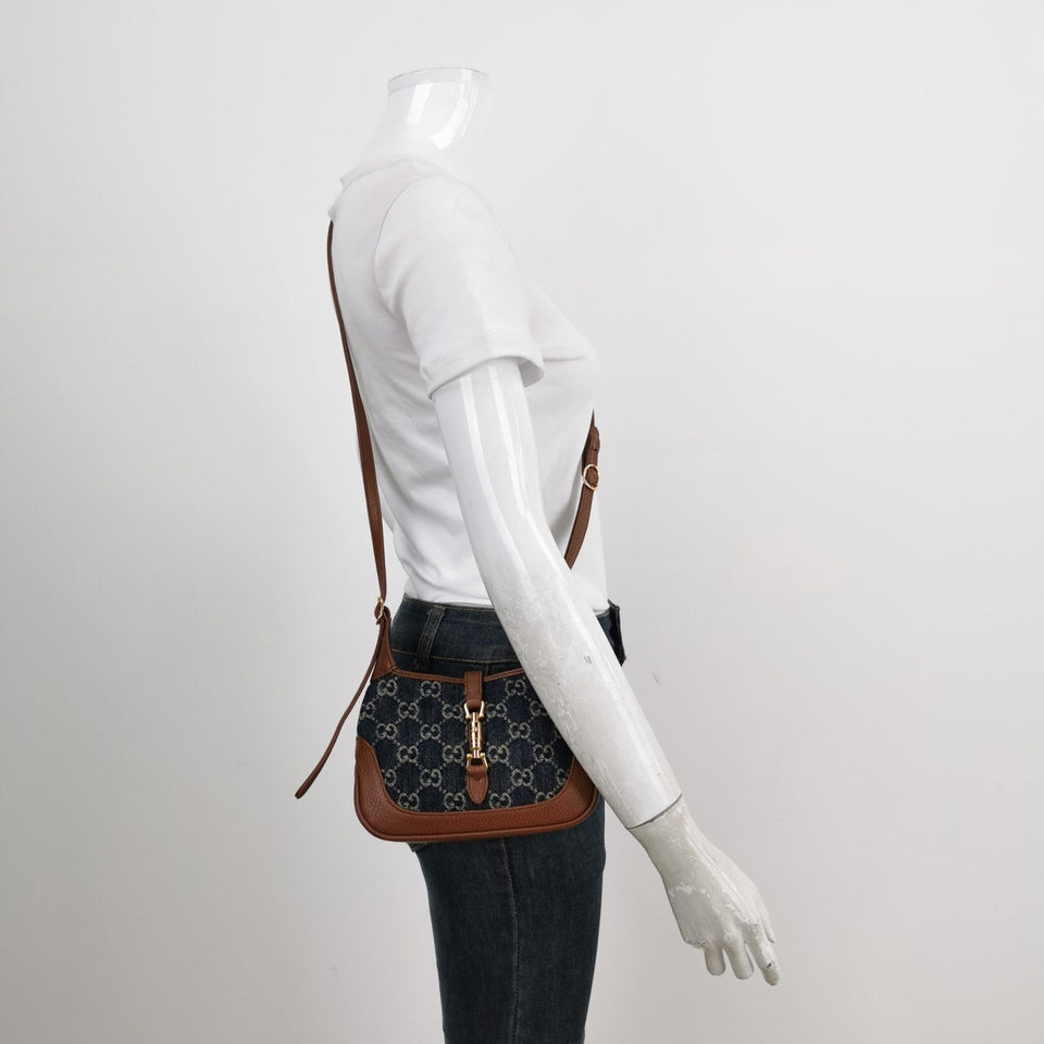 Gucci Jackie 1961 Mini Handbag in Blue Monogram Denim and Brown Leather