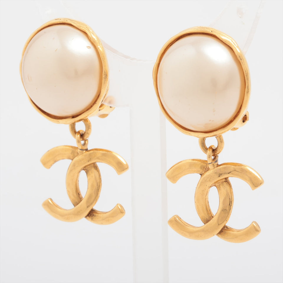 Chanel Coco Logo Pearl Gold Clip On Earrings Costume Jewellery