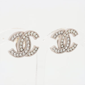 Chanel Coco Rhinestone Pearl Silver Clip On Earrings Costume Jewellery