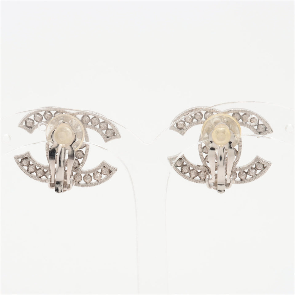 Chanel Coco Rhinestone Pearl Silver Clip On Earrings Costume Jewellery
