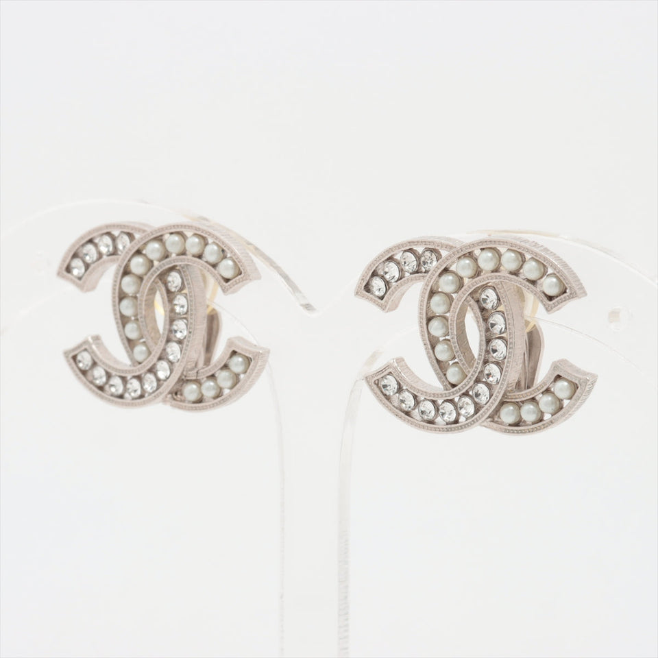 Chanel Coco Rhinestone Pearl Silver Clip On Earrings Costume Jewellery
