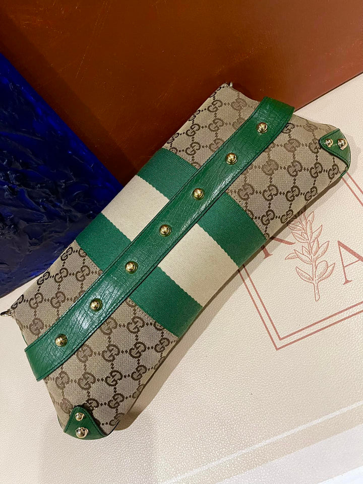 Gucci Horsebit 1955 Chain Cloth Gucci Monogram Green Leather and Gold Studs