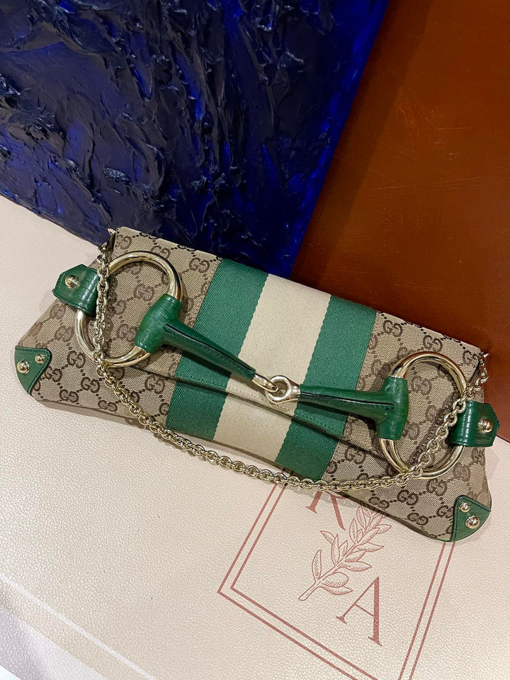 Gucci Horsebit 1955 Chain Cloth Green Web Monogram Leather and Gold Studs