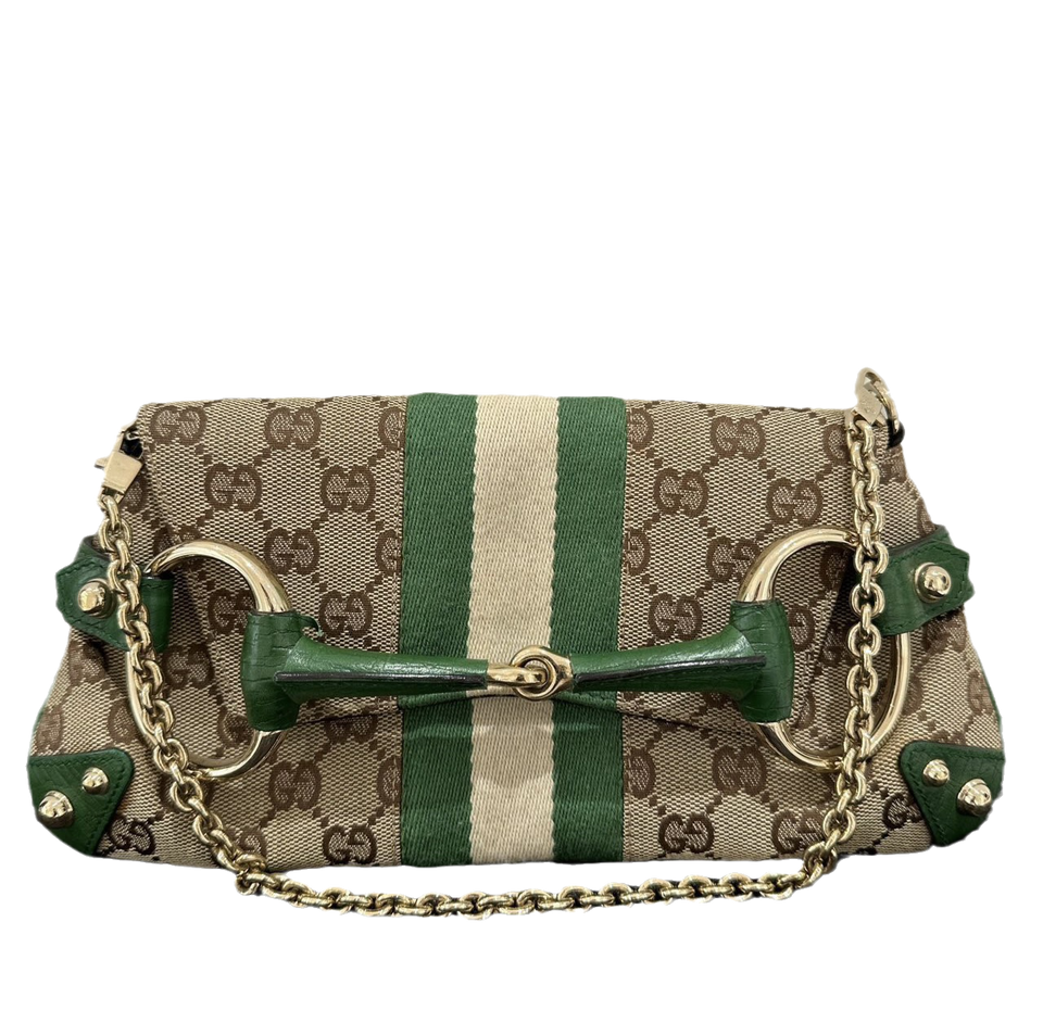 Iconic Gucci Horsebit 1955 Chain Cloth Gucci Monogram Green Leather and Gold Studs