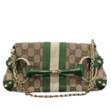 Iconic Gucci Horsebit 1955 Chain Cloth Gucci Monogram Green Leather and Gold Studs