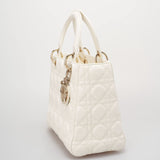 Christian Dior White Medium Lady Dior Bag in Cannage Lambskin Leather with Gold Hardware
