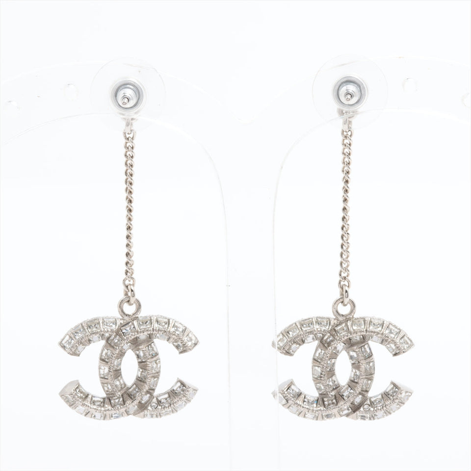 Chanel Coco Logo Silver Double sided Rhinestone Drop Earrings Costume Jewellery
