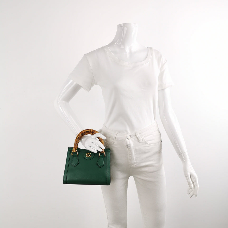 Gucci Diana Mini Green Leather Bag Bamboo Handle with Strap