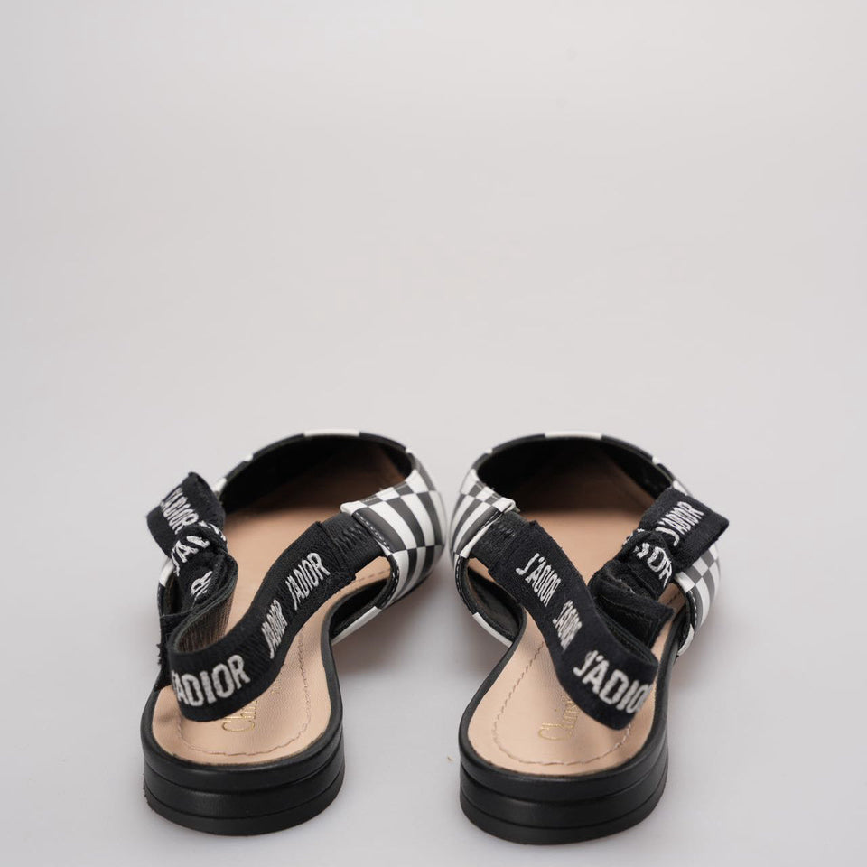 Christian Dior Calfskin Ribbon Checker Print J'ADior SlingBack Flats In Black and White Size 37