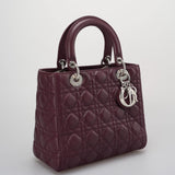 Christian Dior Burgundy Lady Dior Bag in Cannage Lambskin Leather with Silver Hardware Medium LP