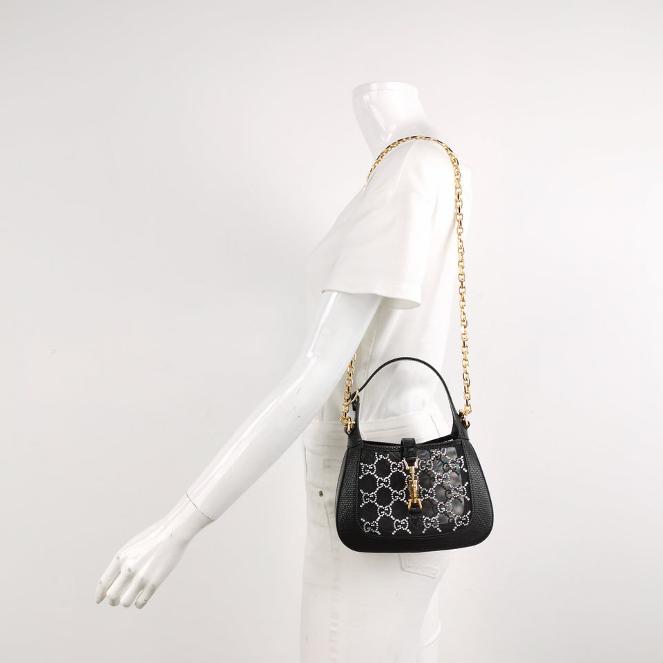 Gucci Jackie 1961 Mini Black Lizard Skin Mesh with Crystals Chain Strap