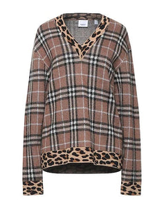 Burberry LEOPARD TRIMMED CHECKED JACQUARD KNIT SWEATER