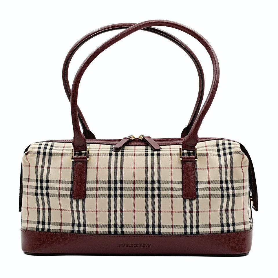 Luxury Burberry shoulder bag in burgundy check canvas and leather