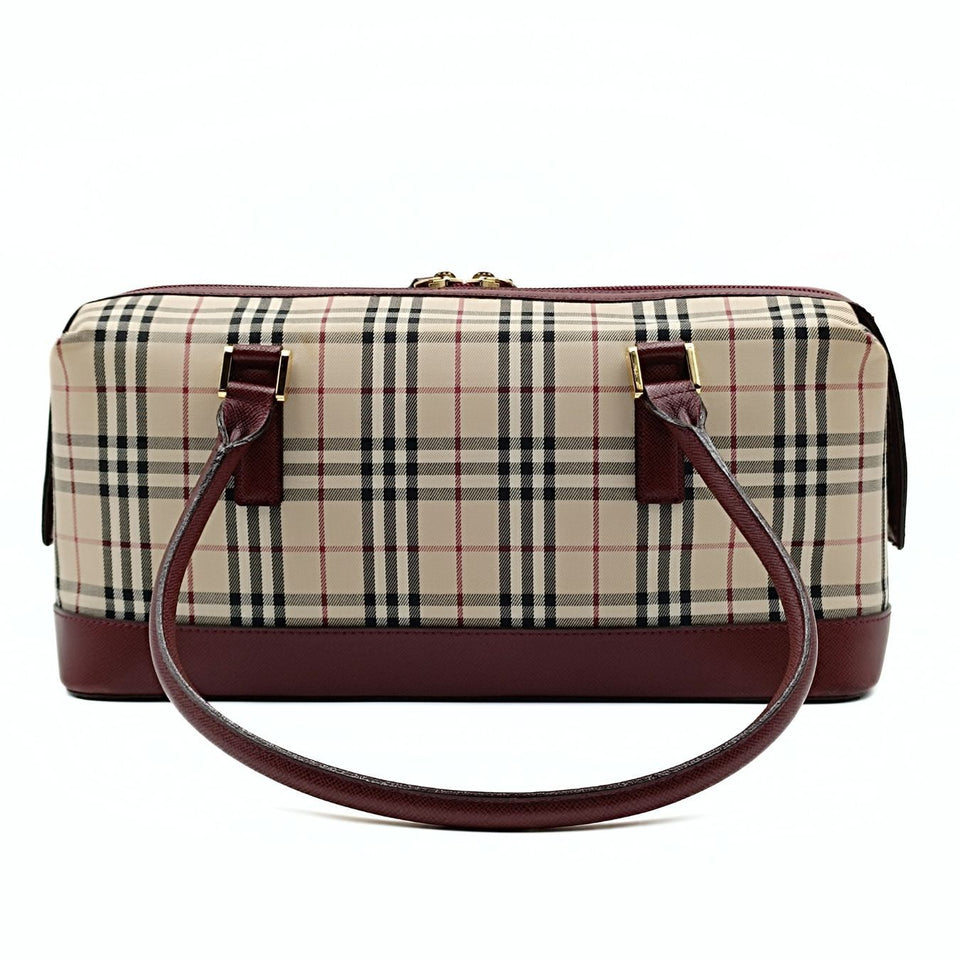 Luxury Burberry shoulder bag in burgundy check canvas and leather