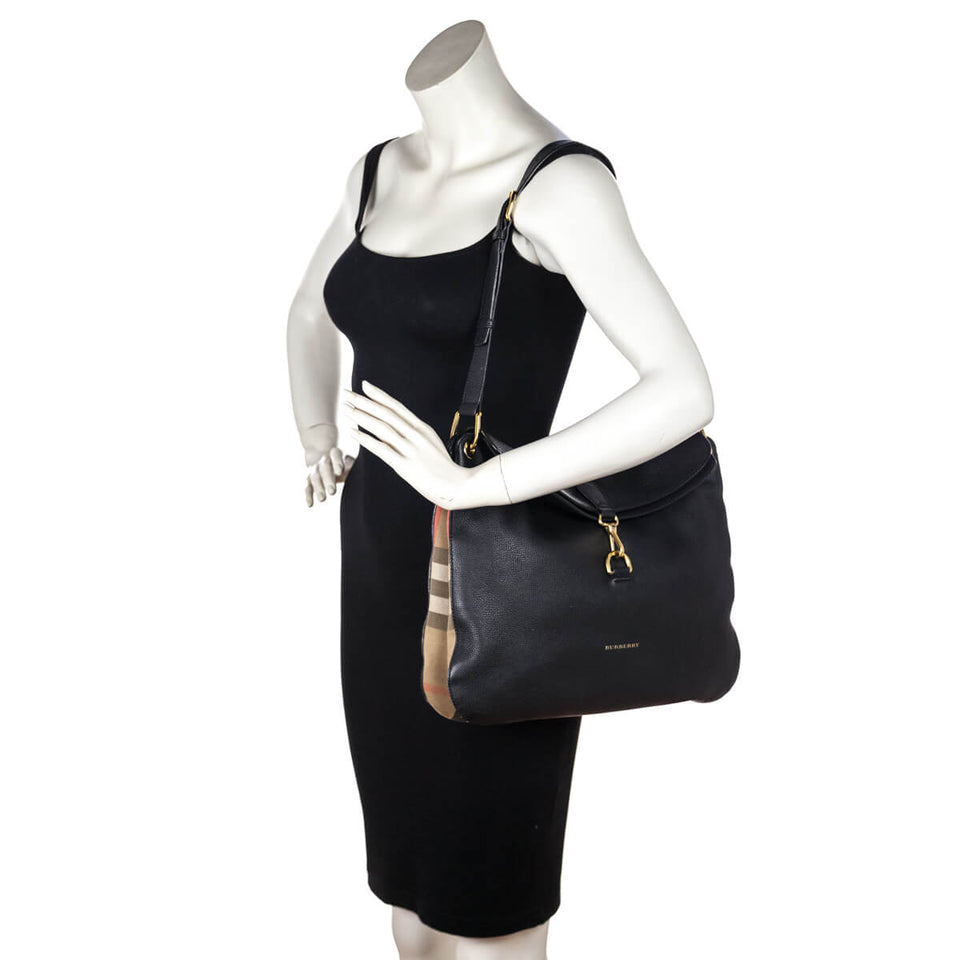 Burberry Black Leather & Check Cornwall Hobo Bag