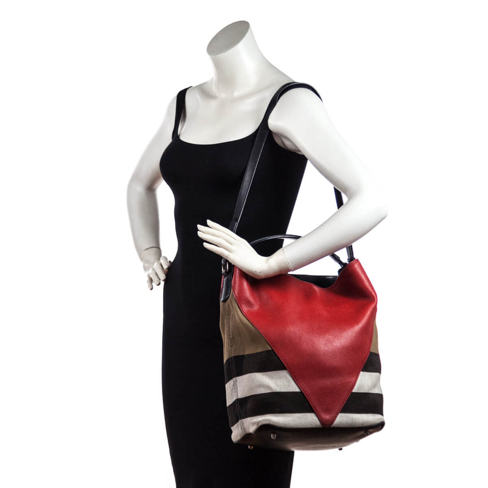 Burberry Check Canvas & Red Chevron Calfskin Susanna Medium Hobo Bag