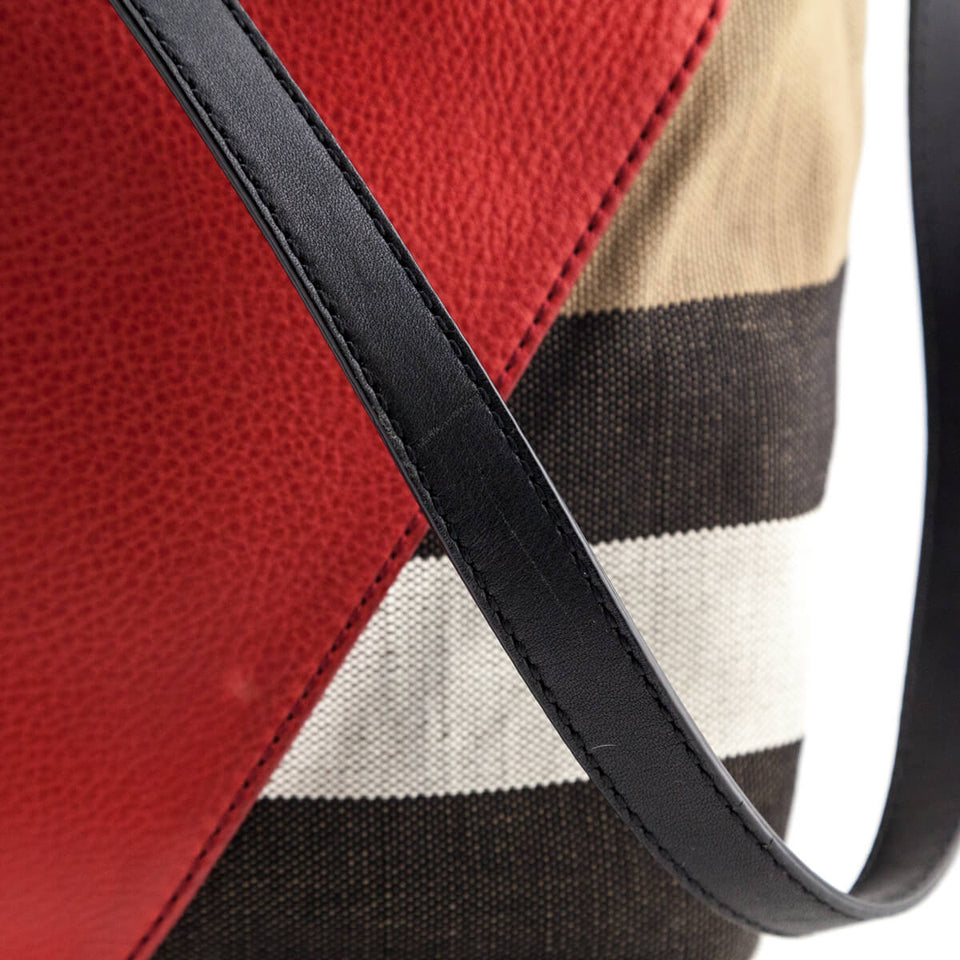 Burberry Check Canvas & Red Chevron Calfskin Susanna Medium Hobo Bag