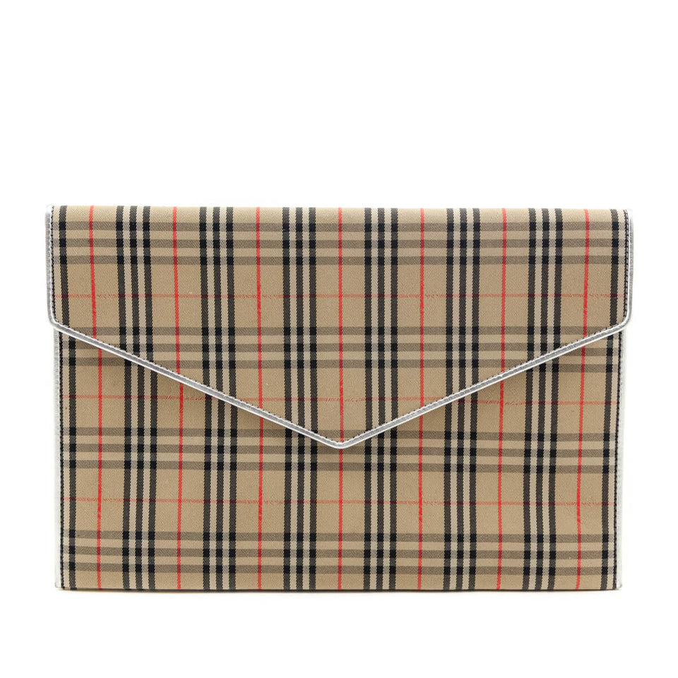 Burberry Silver Canvas Smooth Calfskin 1983 Knight Check Envelope Clutch