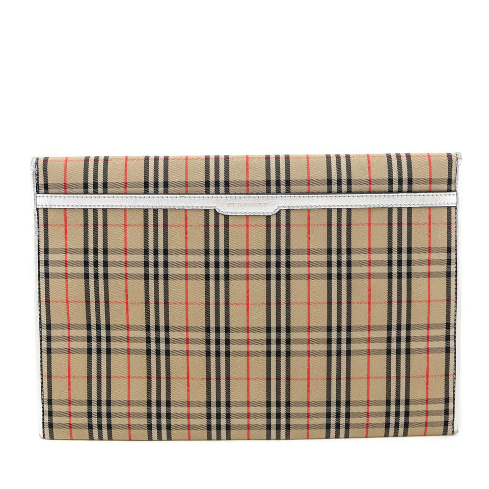 Burberry Silver Canvas Smooth Calfskin 1983 Knight Check Envelope Clutch