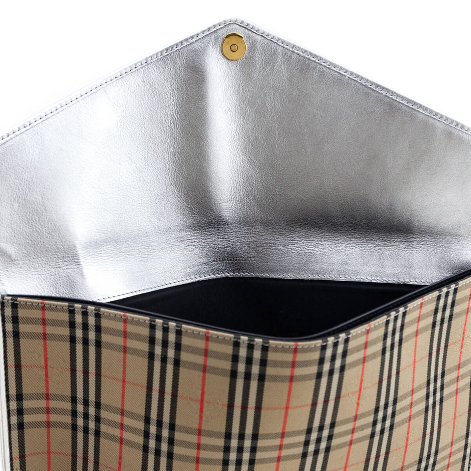 Burberry Silver Canvas Smooth Calfskin 1983 Knight Check Envelope Clutch
