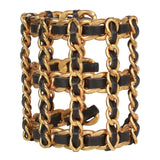 Chanel Vintage Gold Chain and Black Leather Cuff Bracelet