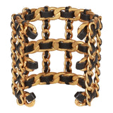 Chanel Vintage Gold Chain and Black Leather Cuff Bracelet