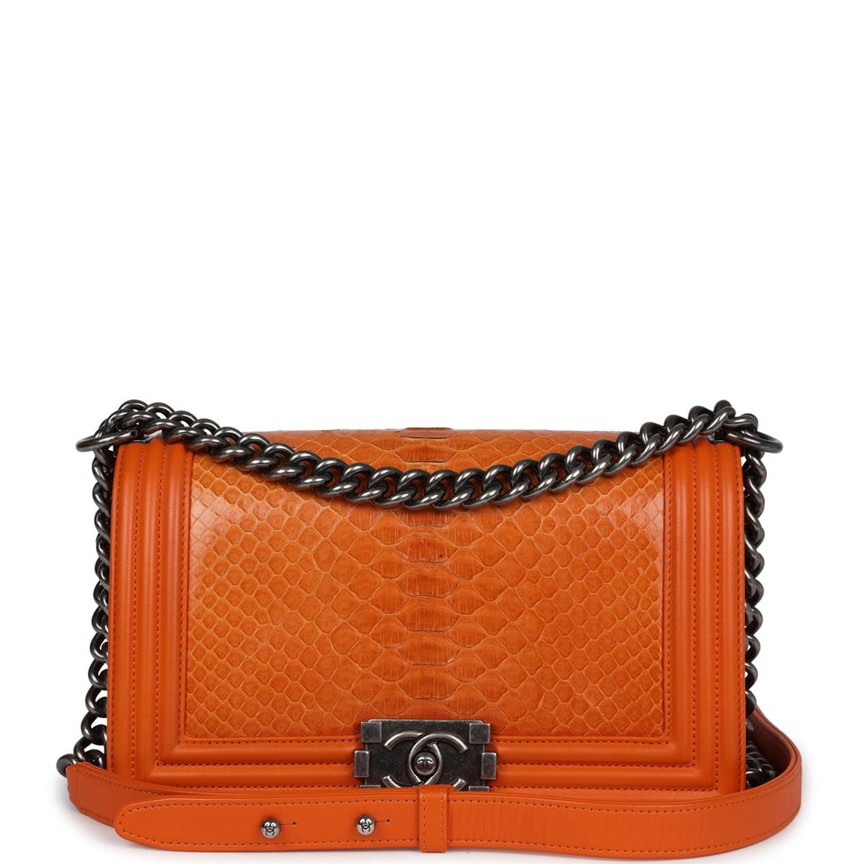 Chanel Medium Boy Bag Orange Python Aged Ruthenium Hardware