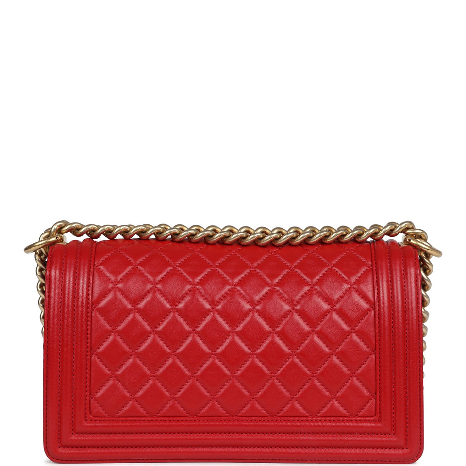 Chanel Medium Boy Bag Red Lambskin Antique Gold Hardware