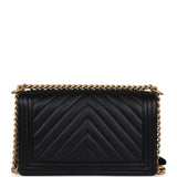 Chanel New Medium Chevron Boy Bag Black Calfskin Antique Gold Hardware