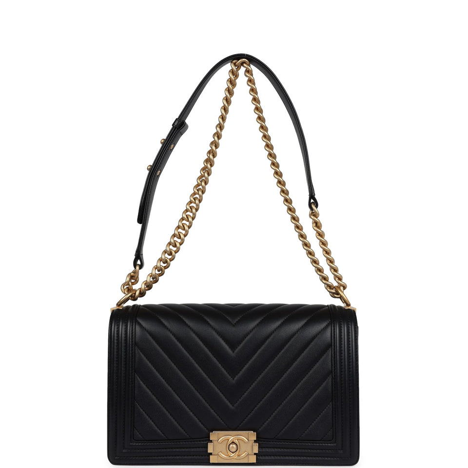 Chanel New Medium Chevron Boy Bag Black Calfskin Antique Gold Hardware