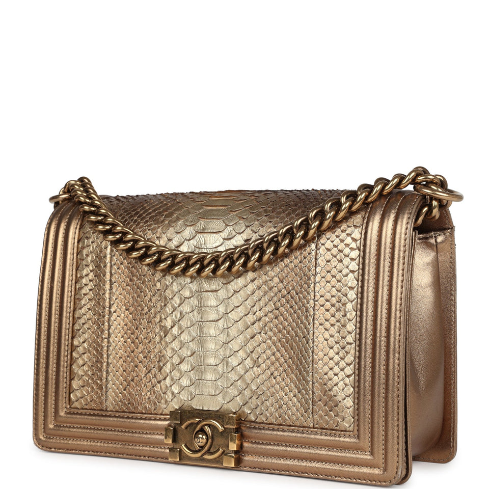 Chanel Medium Boy Bag Metallic Gold Python Antique Gold Hardware