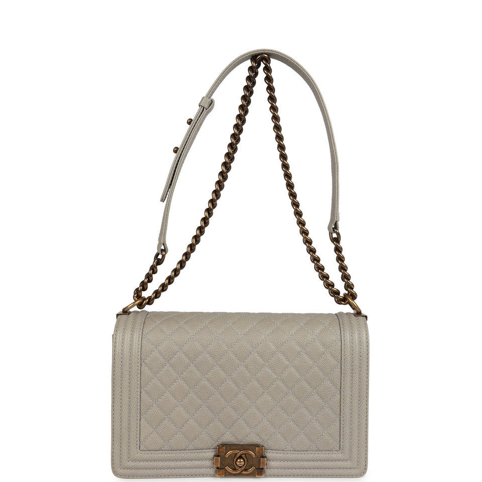 Chanel New Medium Boy Bag Grey Caviar Antique Gold Hardware