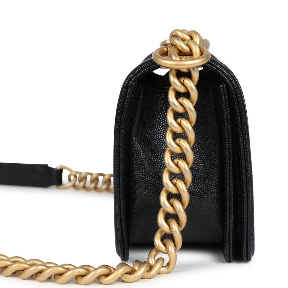 Chanel Small Boy Bag Black Shiny Caviar Antique Gold Hardware