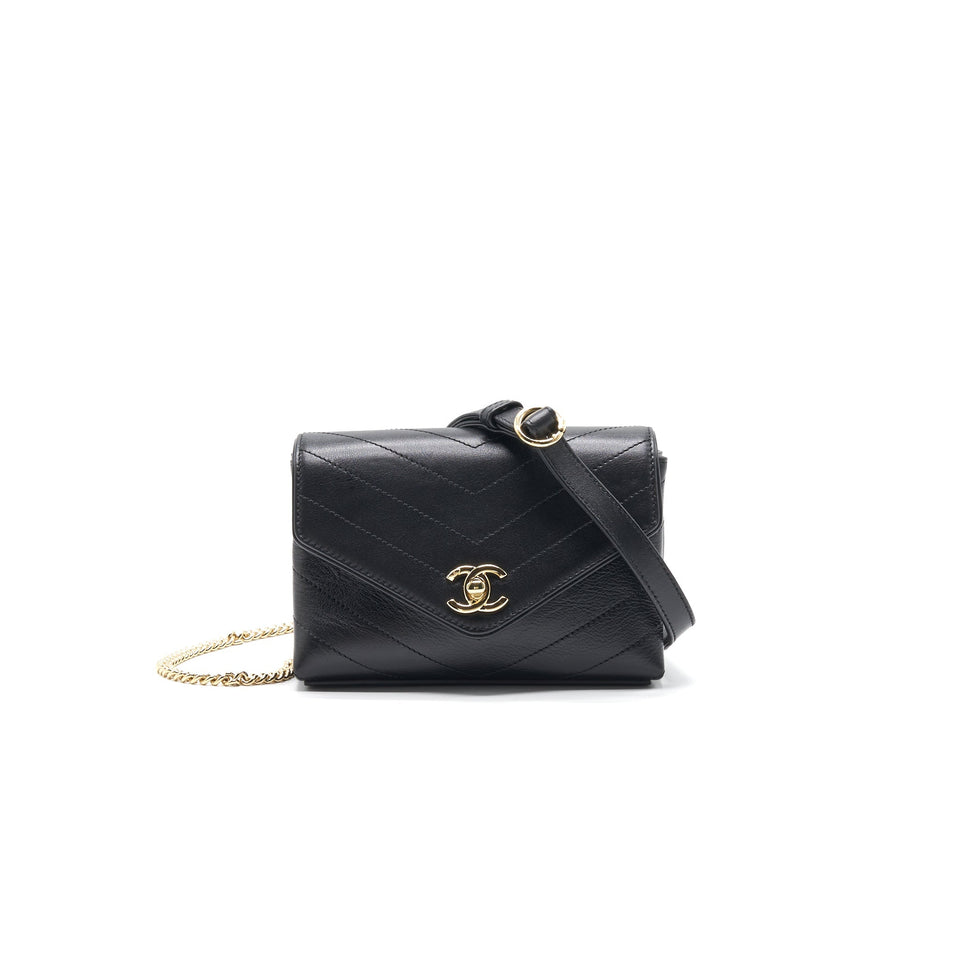 Chanel Calfskin Chevron Leather Chain Waist Bag Black