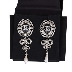 Chanel Silver Crystal and Pearl Pendant Drop Earrings