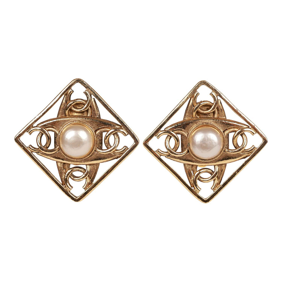 Chanel Vintage 24K Gold Plated CC Square Pearl Earrings