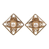 Chanel Vintage 24K Gold Plated CC Square Pearl Earrings