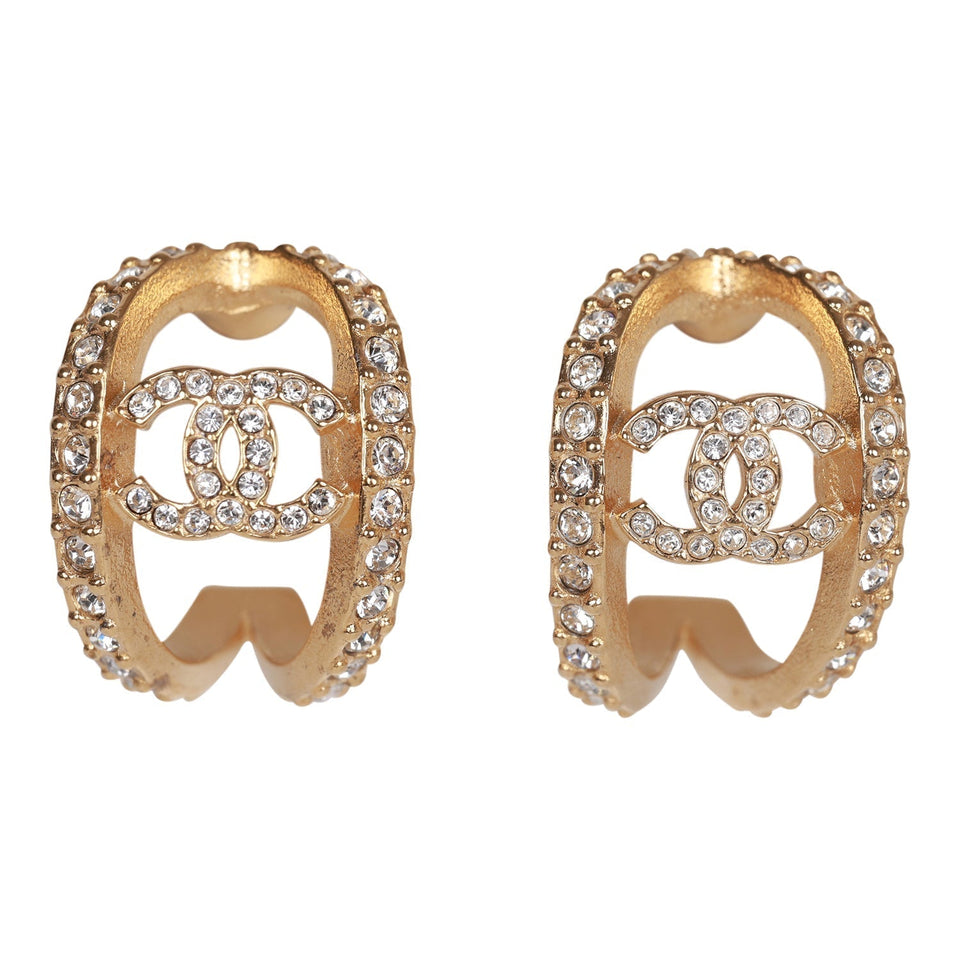 Chanel CC Gold and Crystal Huggie Earrings