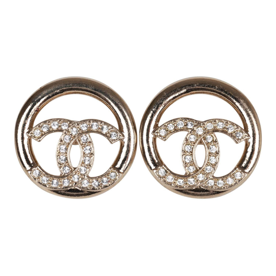 Chanel Gold Circle CC Logo Faux Crystal Stud Earrings