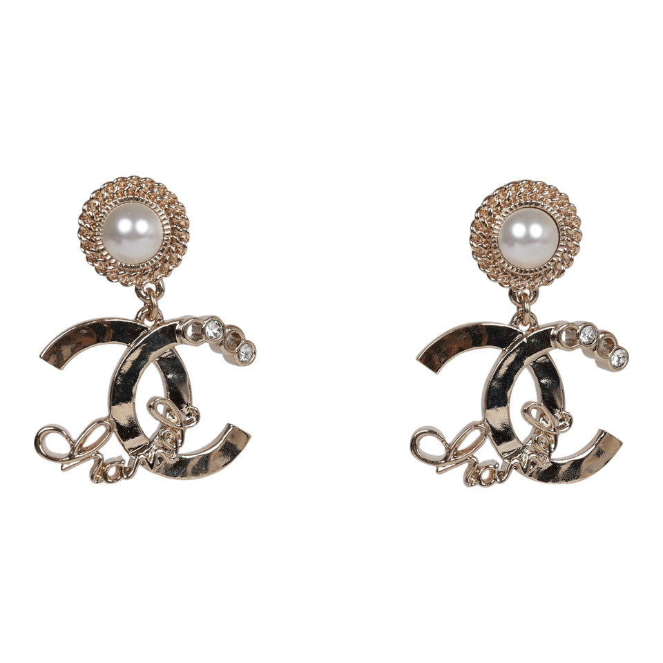 Chanel Light Gold Faux Pearl Crystal Coco Script CC Drop Earrings